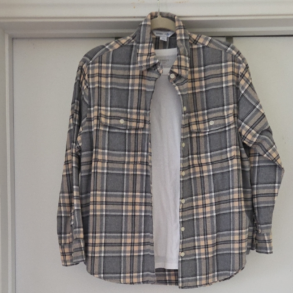 Old Navy Gray & Tan Flannel Plaid Shirt w/TShirt